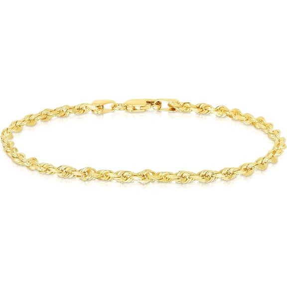Floreo 10k Yellow Gold 2.5mm Solid Rope Chain Diamond Cut Bracelet or Anklet