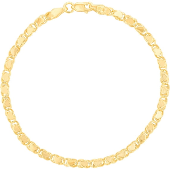 Floreo 10k Yellow Gold 2.6mm Relationship and Friendship Mirror Chain with Double Sided Heart Charms Bracelet or Anklet