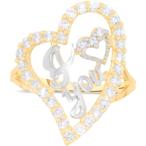 Floreo 10k Yellow Gold 22mm Curved Heart CZ Two-Tone I Love You Ring, Sizes 4 - 11