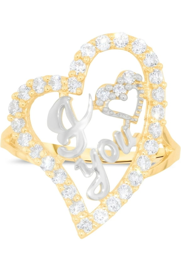 10k Yellow Gold 22mm Curved Heart CZ Two-Tone I Love You Ring, Sizes 4 - 11
