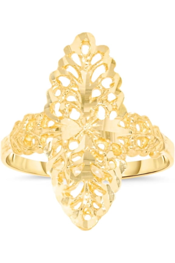 10k Yellow Gold 22mm Oval Diamond Cut Leaf Openwork Filigree Ring