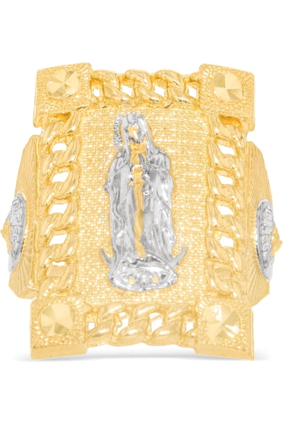 10k Yellow Gold 26.9mm Two-Tone Mother Virgin Saint Mary Cuban Link Ring, Size 10