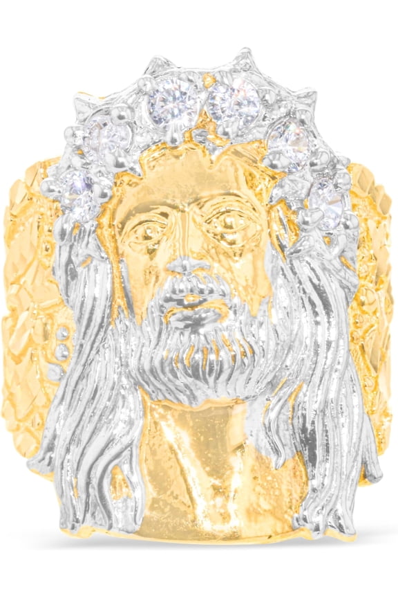 10k Yellow Gold 27mm Jesus Face Two-Tone CZ Crown Men's Ring, Sizes 5 - 13