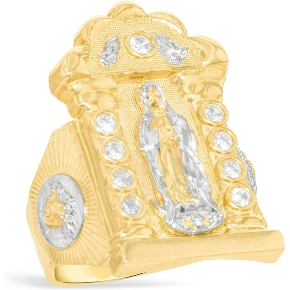 Floreo 10k Yellow Gold 28.7mm Two-Tone Mother Virgin Saint Mary Arch Praying Hands CZ Ring, Size 8.25