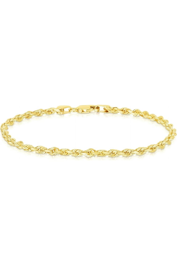 10k Yellow Gold 2mm Solid Rope Chain Diamond Cut Bracelet or Anklet