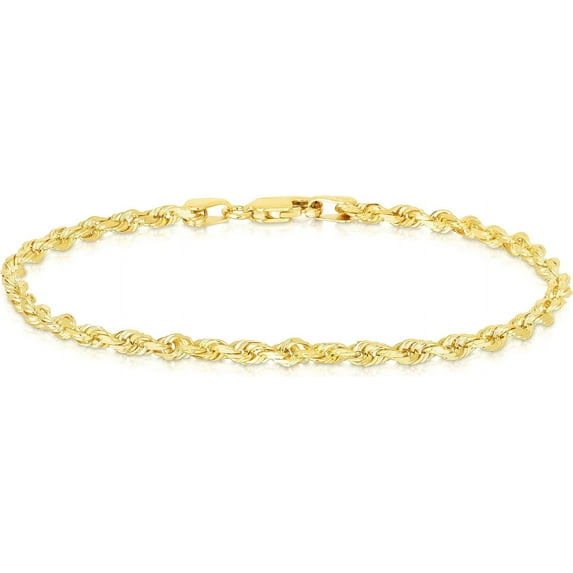 Floreo 10k Yellow Gold 2mm Solid Rope Chain Diamond Cut Bracelet or Anklet