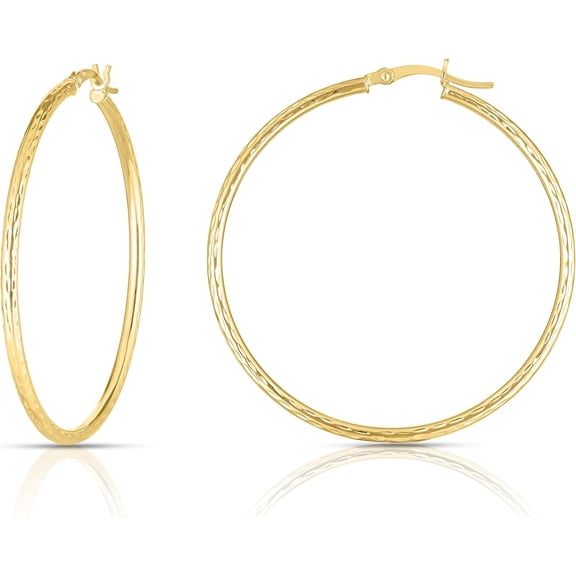 Floreo 10k Yellow Gold 30mm x 2mm Diamond Cut Round Tube Hoop Earrings