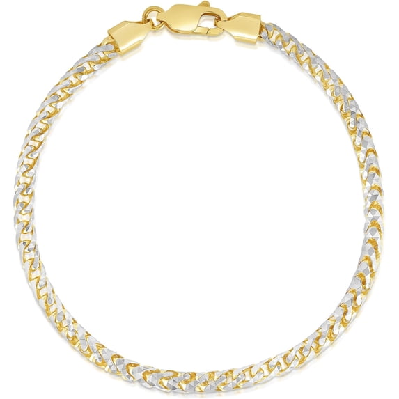 Floreo 10k Yellow Gold 4mm Solid Iced White Gold Pave Round Franco Chain Bracelet or Anklet