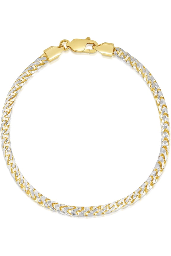 10k Yellow Gold 4mm Solid Iced White Gold Pave Round Franco Chain Bracelet or Anklet