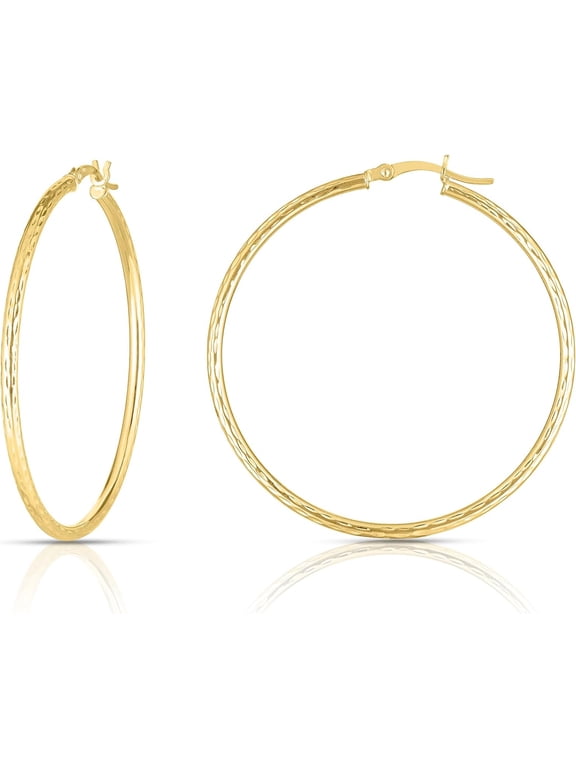 10k Yellow Gold 55mm x 2mm Diamond Cut Round Tube Hoop Earrings