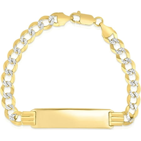Floreo 10k Yellow Gold 7mm Solid Pave Curb Personalized Engraved Name Bar Custom ID Bracelet