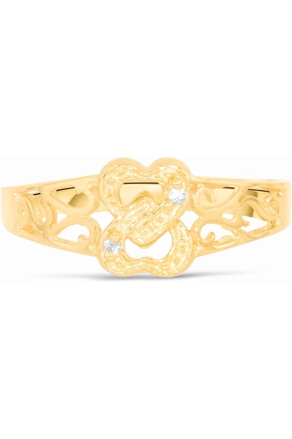 10k Yellow Gold 7mm Two Interlocked Filligree Hearts CZ Openwork Ring, Sizes 4 - 10