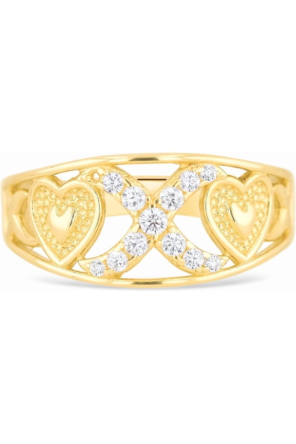 10k Yellow Gold 9mm CZ XOXO X O Heart Ring, Sizes 4 - 11