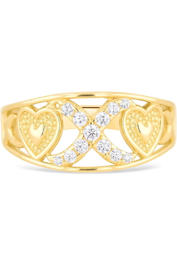 10k Yellow Gold 9mm CZ XOXO X O Heart Ring, Sizes 4 - 11