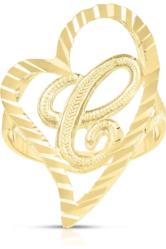 10k Yellow Gold A-Z Cursive Letter and Heart Initial Ring, Large Heart (1.1")