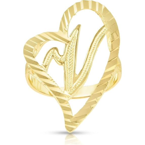 Floreo 10k Yellow Gold A-Z Cursive Letter and Heart Initial Ring, Large Heart (1.1")
