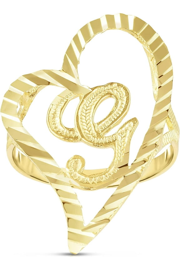 10k Yellow Gold A-Z Cursive Letter and Heart Initial Ring, Large Heart (1.1")
