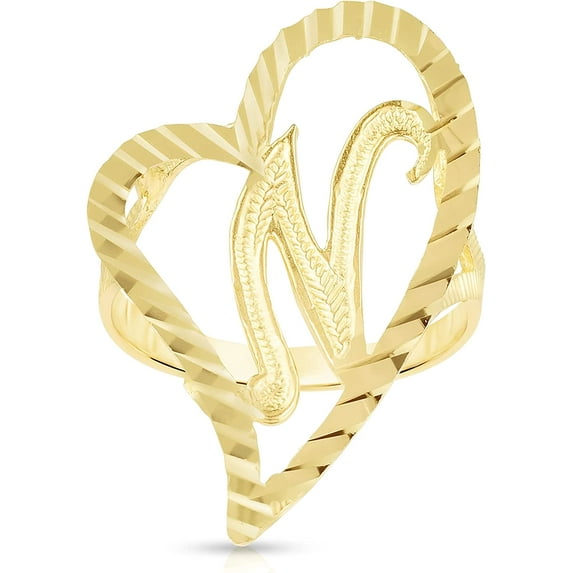 Floreo 10k Yellow Gold A-Z Cursive Letter and Heart Initial Ring, Small Heart (0.7")