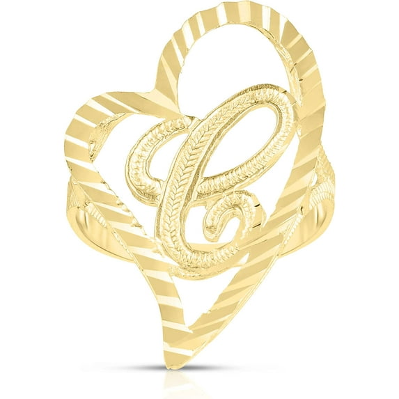 Floreo 10k Yellow Gold A-Z Cursive Letter and Heart Initial Ring, Small Heart (0.7")