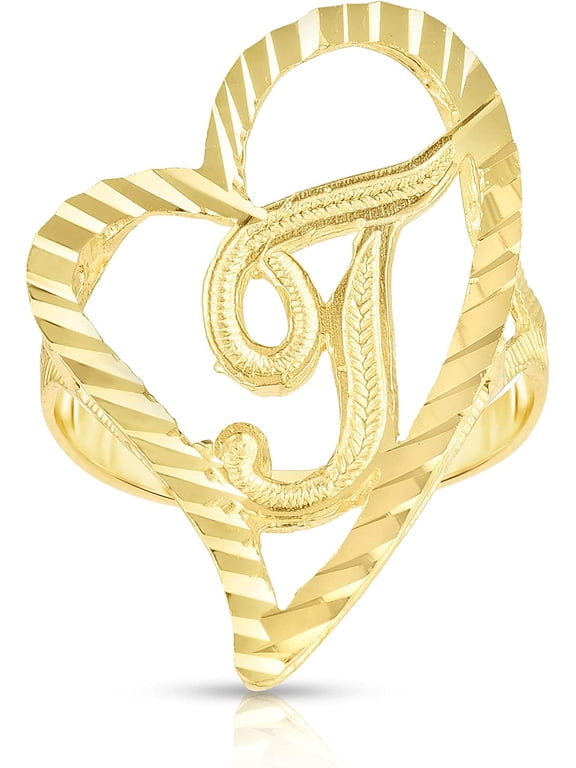 10k Yellow Gold A-Z Cursive Letter and Heart Initial Ring, Small Heart (0.7")