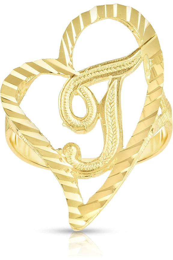 10k Yellow Gold A-Z Cursive Letter and Heart Initial Ring, Small Heart (0.7")