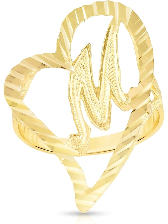 10k Yellow Gold A-Z Cursive Letter and Heart Initial Ring, Small Heart (0.7")