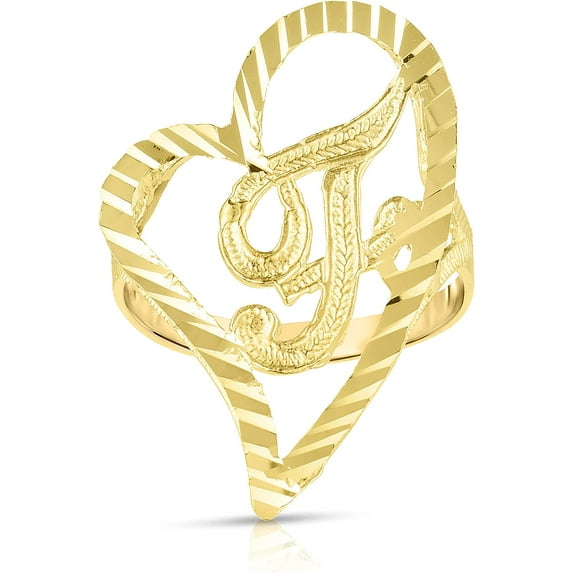 Floreo 10k Yellow Gold A-Z Cursive Letter and Heart Initial Ring, Small Heart (0.7")