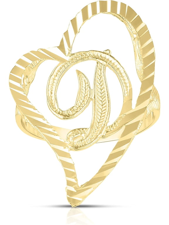 10k Yellow Gold A-Z Cursive Letter and Heart Initial Ring, Small Heart (0.7")