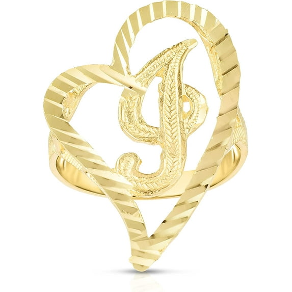 Floreo 10k Yellow Gold A-Z Cursive Letter and Heart Initial Ring, Small Heart (0.7")