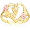 thumbnail image 1 of Floreo 10k Yellow Gold A-Z Letter Initial Ring with Heart and Rose Gold Flower Design, Sizes 4-9, 1 of 4