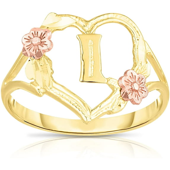 Floreo 10k Yellow Gold A-Z Letter Initial Ring with Heart and Rose Gold Flower Design, Sizes 4-9