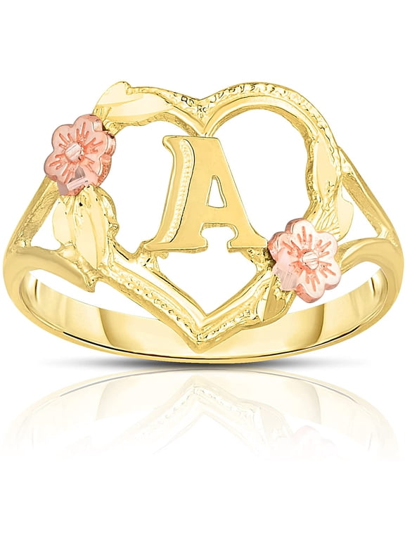 10k Yellow Gold A-Z Letter Initial Ring with Heart and Rose Gold Flower Design, Sizes 4-9