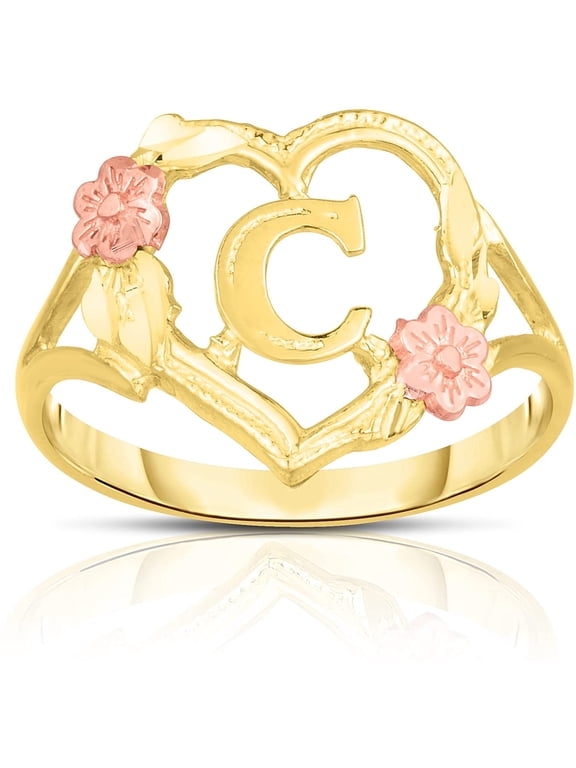 10k Yellow Gold A-Z Letter Initial Ring with Heart and Rose Gold Flower Design, Sizes 4-9