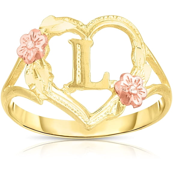 Floreo 10k Yellow Gold A-Z Letter Initial Ring with Heart and Rose Gold Flower Design, Sizes 4-9