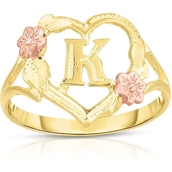Floreo 10k Yellow Gold A-Z Letter Initial Ring with Heart and Rose Gold Flower Design, Sizes 4-9