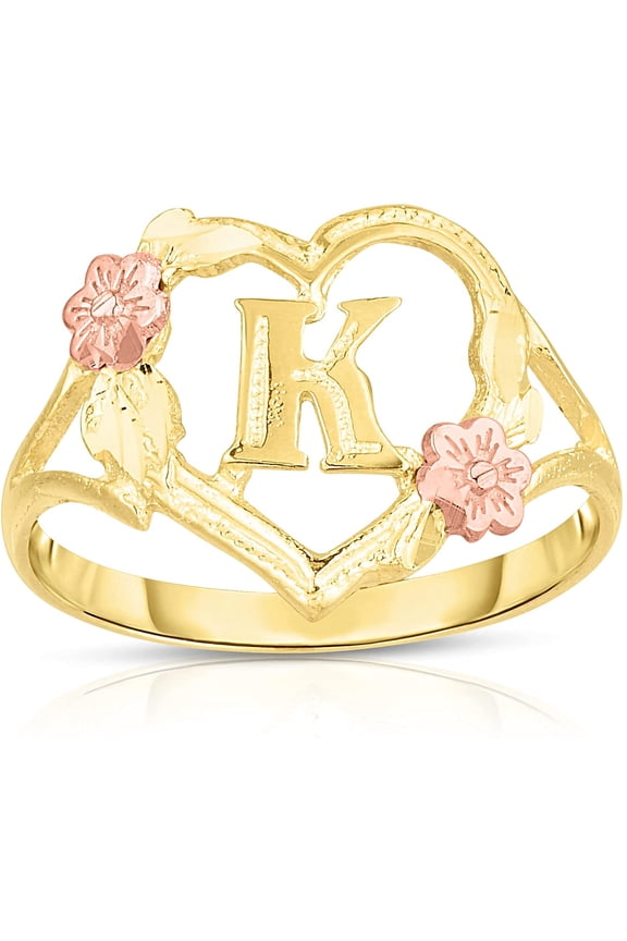 10k Yellow Gold A-Z Letter Initial Ring with Heart and Rose Gold Flower Design, Sizes 4-9