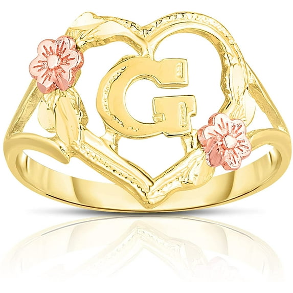 Floreo 10k Yellow Gold A-Z Letter Initial Ring with Heart and Rose Gold Flower Design, Sizes 4-9