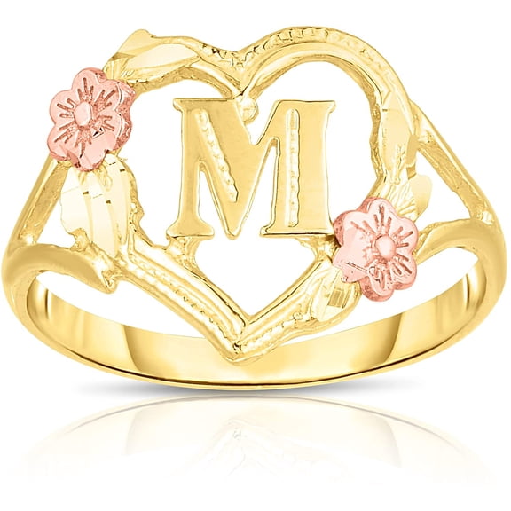 Floreo 10k Yellow Gold A-Z Letter Initial Ring with Heart and Rose Gold Flower Design, Sizes 4-9