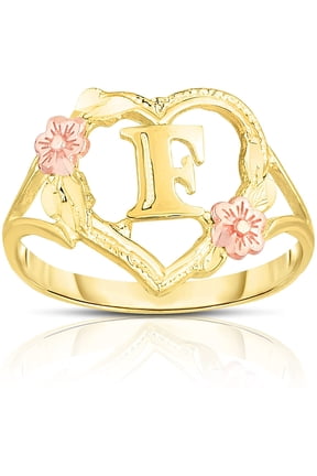 10k Yellow Gold A-Z Letter Initial Ring with Heart and Rose Gold Flower Design, Sizes 4-9
