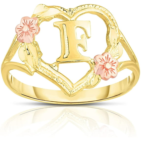 Floreo 10k Yellow Gold A-Z Letter Initial Ring with Heart and Rose Gold Flower Design, Sizes 4-9