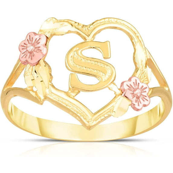 Floreo 10k Yellow Gold A-Z Letter Initial Ring with Heart and Rose Gold Flower Design, Sizes 4-9