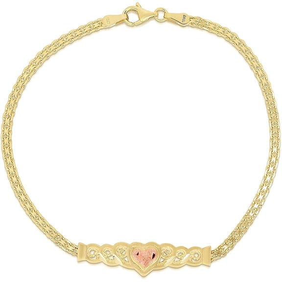 Floreo 10k Yellow Gold Bismark Links with Rose Gold Heart Filigree Charm Bracelet