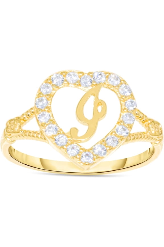 10k Yellow Gold CZ Heart Cursive Alphabet A-Z Initial Ring