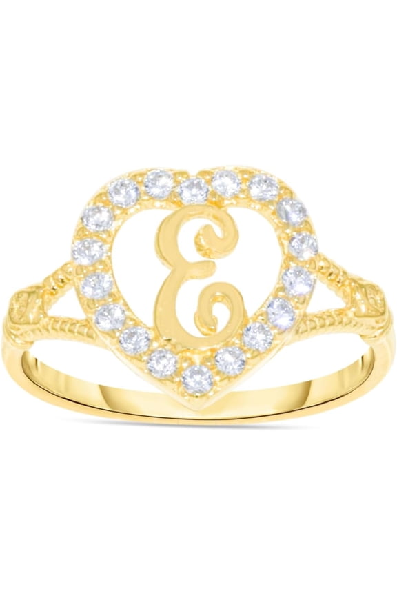 10k Yellow Gold CZ Heart Cursive Alphabet A-Z Initial Ring