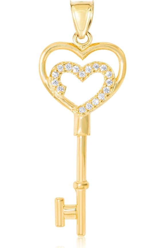10k Yellow Gold Double Heart CZ Key Pendant