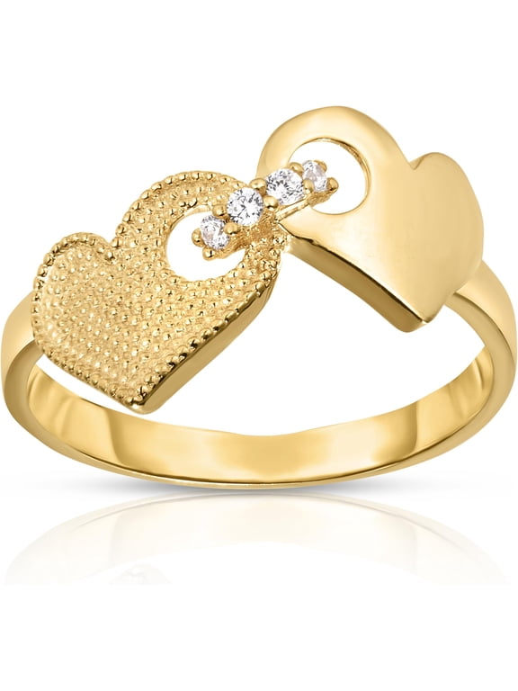 10k Yellow Gold Double Locked Hearts CZ Women's Ring