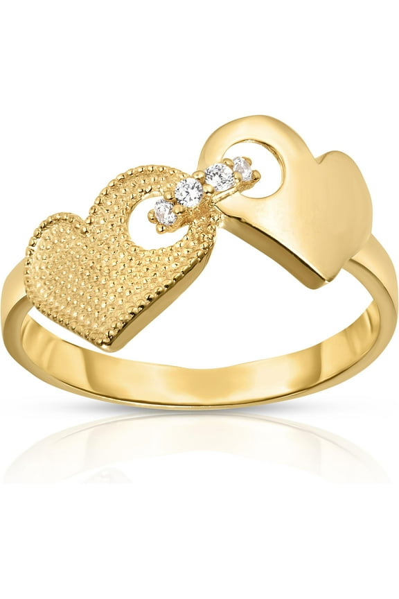 10k Yellow Gold Double Locked Hearts CZ Women's Ring