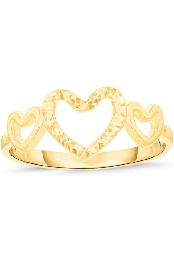 10k Yellow Gold Graduated Open Triple Hearts Ring, Size 3-11