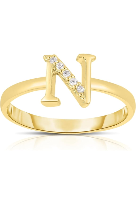 10k Yellow Gold Letter A-Z Small Block Alphabet Character CZ Initial Ring