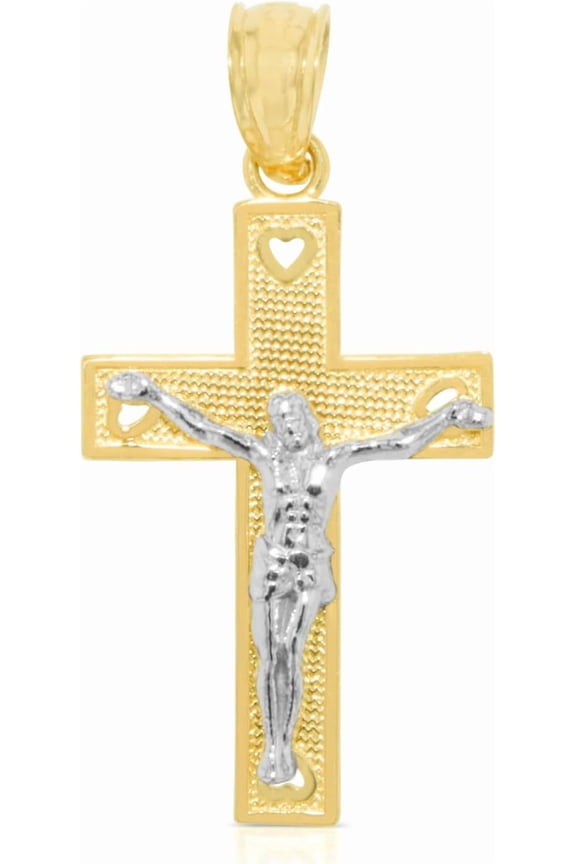 10k Yellow Gold Rectangular Heart Crucifix of Jesus Cross Religious Pendant (Small)